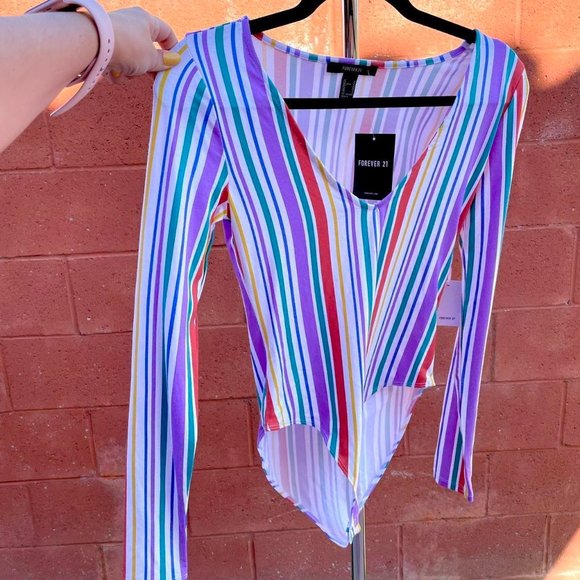 Forever 21 Tops - Multicolor Long Sleeved Low Cut Bodysuit